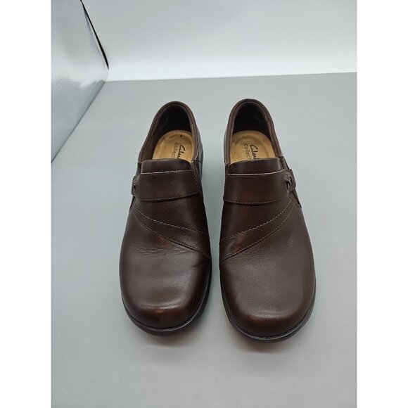 Clarks Women's Genette Arc Clog Size 9.5 W Brown Leather Block Heel Loafer Comfy - Picture 2 of 8
